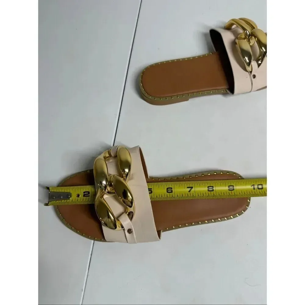 Women's Faux Leather Flat Slippers Metallic Plastic Chains Sandals Sz 38EU/8US